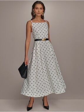 Donna Karan Polka Dot Linen Blend Midi Dress
